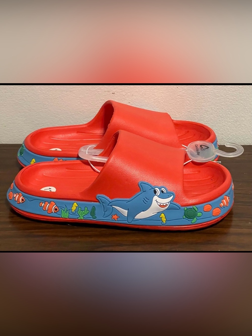 Kids Red Shark Slide Sandals with Ocean Graphic NWT